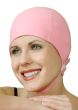 Woman in pink molded rubber swimming cap with chin strap