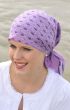 purple woodblock print head scarf in square shape for cancer and chemotherapy