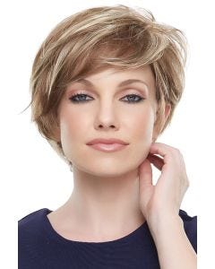Woman in a long blonde and light brown pixie wig with side swept bangs