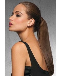 Woman in a 16" medium brown clip in ponytail