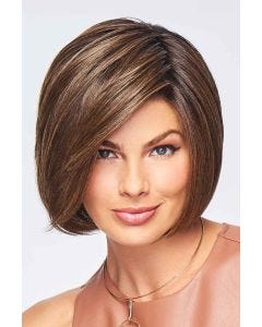Woman in a chin length medium brown lace front blunt bob wig