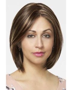 Woman in a shoulder length medium brown lace front bob wig