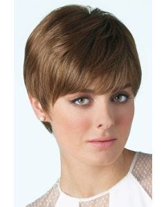 Woman in brown short pixie cut wig with layers and bangs