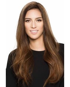 Woman in a 22" top 24" reddish brown human hair topper for thinning hair