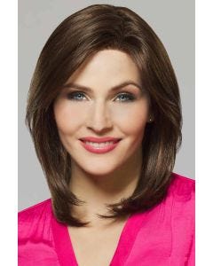 Woman in a past the shoulders straight dark auburn lace front wig