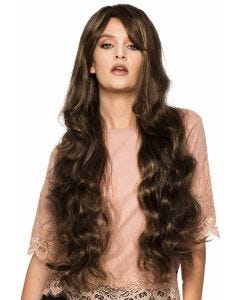 Woman in a large 32" wavy dark brown full wig