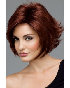 Woman in a dark red chin length bob wig with layers around the face and short textured layers in back