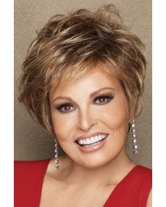 Raquel Welch in short, layered, light auburn bob wig with extra volume in the crown area and textured bangs