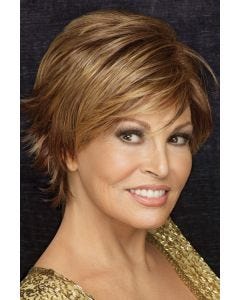 Raquel Welch in a medium auburn long pixie wig with choppy layers and side-swept bangs