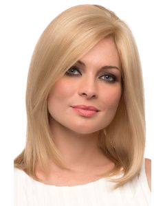 Woman in a shoulder length straight blonde wig