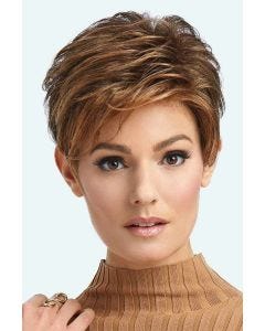 Woman in a long medium auburn lace front pixie wig with side bangs