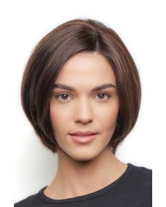 Woman in a human hair chin length dark brown rounded bob wig