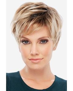 Woman in short light blonde pixie cut wig