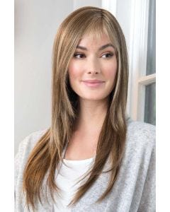 Woman in straight blonde long wig with bangs and light layers
