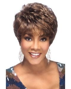 Afro American woman in a full medium brown pixie wig with longer layers on top and textured bangs