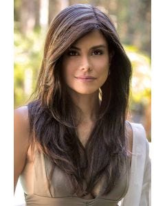 Woman in an extra long burgundy layered wig