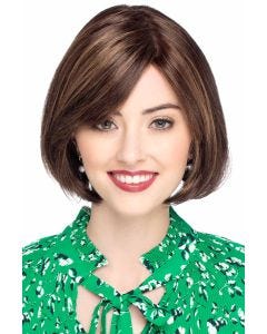 Woman in straight brown synthetic bob wig with bangs
