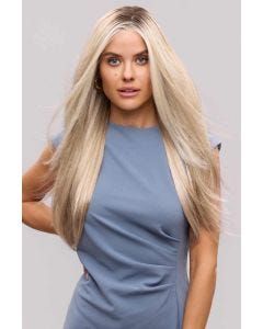 Woman in an extra long platinum blonde lace front wig with face framing layers
