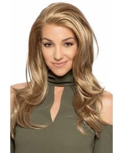 Woman in an extra long medium blonde lace front wig with long layers