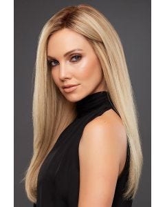 Woman in a petite extra long light blonde straight lace front wig