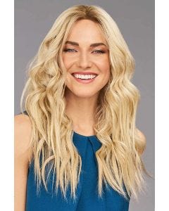 Woman in an extra long dark auburn remy human hair wig