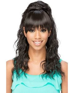 African American woman in a 20" curly ponytail and blunt bang combo