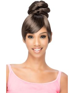 Afro American woman in a dark brown twisted bun and side bangs combo