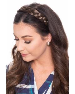 Woman with brown hair in a matching braided hair headband