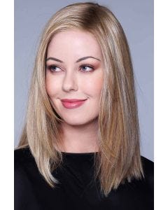 Woman in a past the shoulders warm blonde straight lace front wig