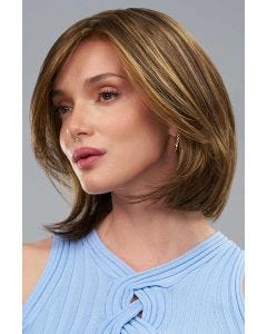 Woman in a shoulder length straight dark auburn lace front wig