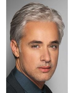 Man in a short grey layered wig