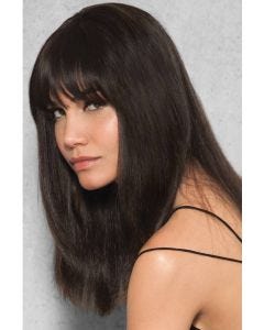 woman in dark brown human hair clip in bangs