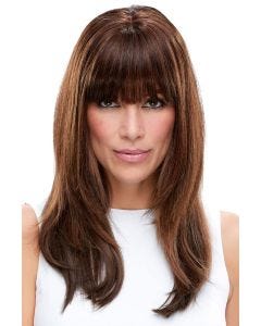 Woman in dark auburn clip in heat resistant fringe bangs