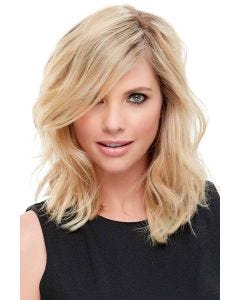 Woman in a 12" blonde human hair topper for thinning hair