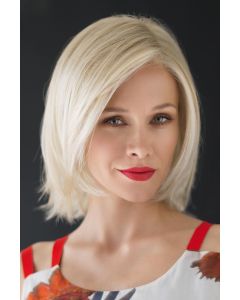 Woman in a shoulder length platinum blonde lace front bob wig