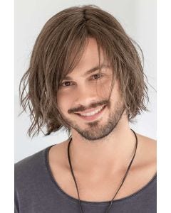 Man in a chin length tousled medium brown lace front wig