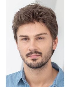 Man in a short medium brown lace front wig with longer hair on top