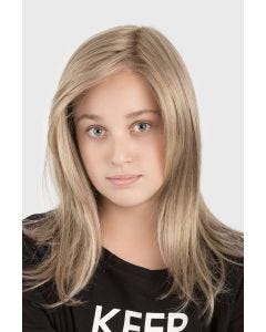 Young girl in a past the shoulder light blonde lace front wig for children