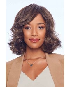 A shoulder-length wavy bob wig with side-swept face framing layers and soft, defined curls
