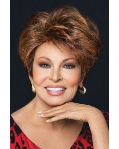 Raquel Welch in a medium auburn layered pixie wig with longer hair on top for added volume