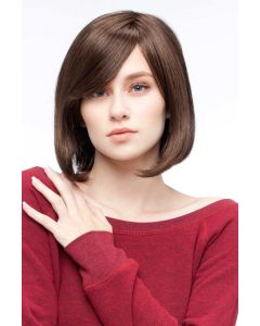 Woman in a chin length medium brown blunt bob wig with long side bangs