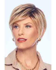 Short blonde pixie wig with side-swept layers and natural volume.