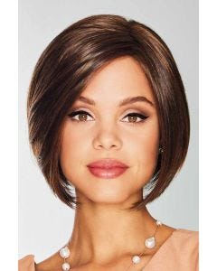 Woman in dark brown chin-length angled blunt lace front bob wig