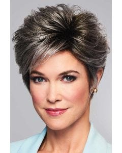 Woman in a full salt and pepper pixie wig