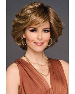 Woman in a medium blonde curly layered lace front bob wig