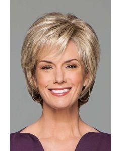 Woman in blonde, cropped bob wig with longer layers at the back and a side part