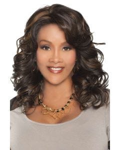 Afro American woman in a shoulder length dark brown and black curly lace front wig with side bangs