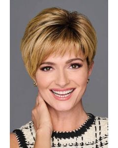 Short layered wig with side-swept bangs and soft volume, natural-looking shape and lightweight feel