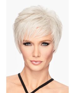 Woman in a shaggy light grey pixie wig with side bangs