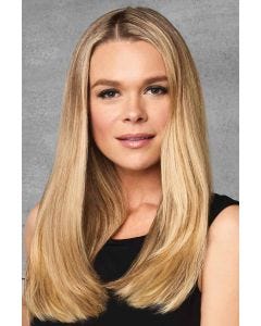 Woman in a 16" straight golden blonde invisible extension hair piece